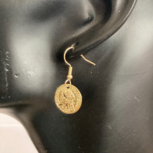 Vintage French Republique Faux Coin Earrings Dangle Gold Plated Wire France - Picture 3 of 8